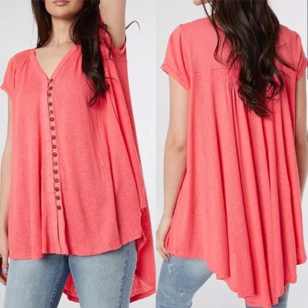 Free People Linen Blend Highland Top in Azalea, Size Medium
